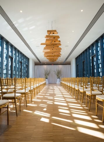 Wedding hall decorated with tables set