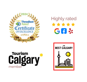 Corporate Catering recognition in Calgary Industry recognition logos for Simply Elegant in Calgary including ThreeBestRated, Google, Facebook, Yelp, Tourism Calgary and The Best Calgary